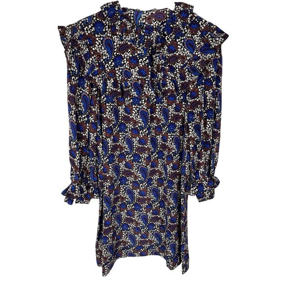 SANDRO Women's Black Paisley Ruffle Neck Silk Shift Mini Dress NWT Size Large - Picture 1 of 8